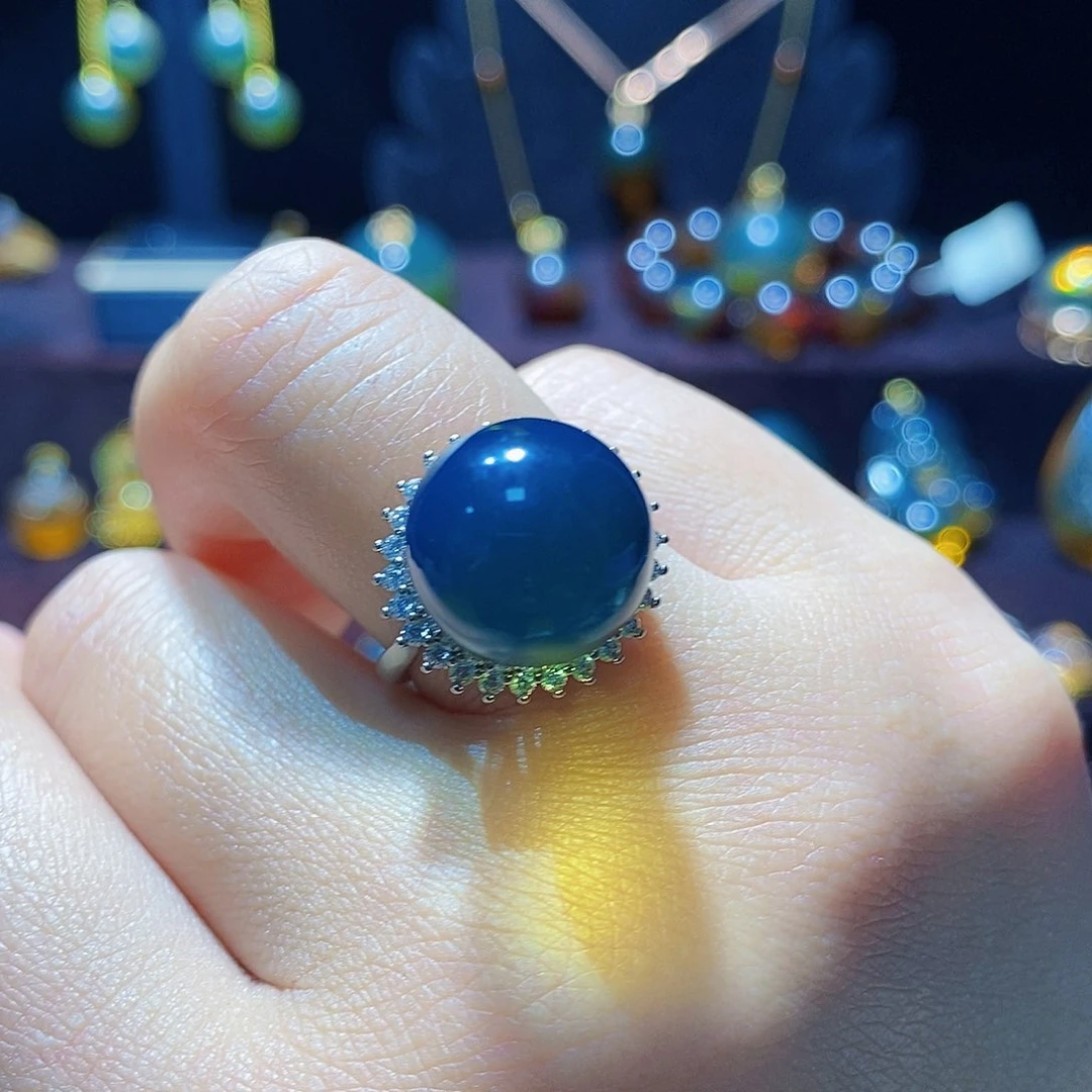 蓝珀戒指银S925镀金镶嵌戒指13m