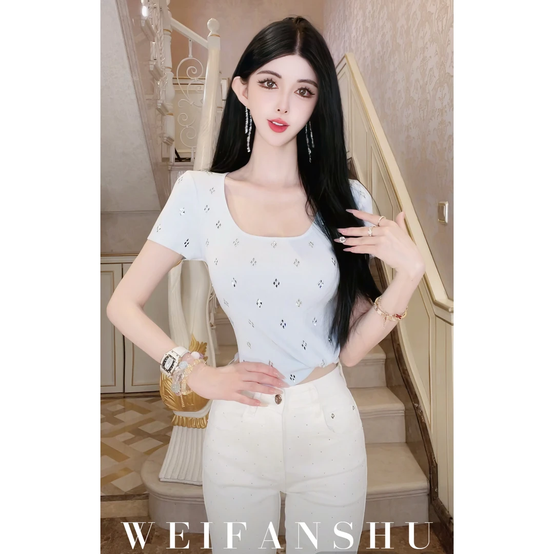 WEIFANSHU/魏凡舒【热浪旅行】夏季新款小个子方领镂空百搭T恤上衣