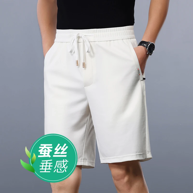 蚕丝垂顺五分裤男夏季薄款轻薄透气白色短裤男冰丝超薄中裤子