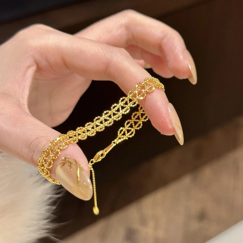 925银手链 法式复古缎带两色蕾丝手链镂空时尚百搭精致叠戴手饰