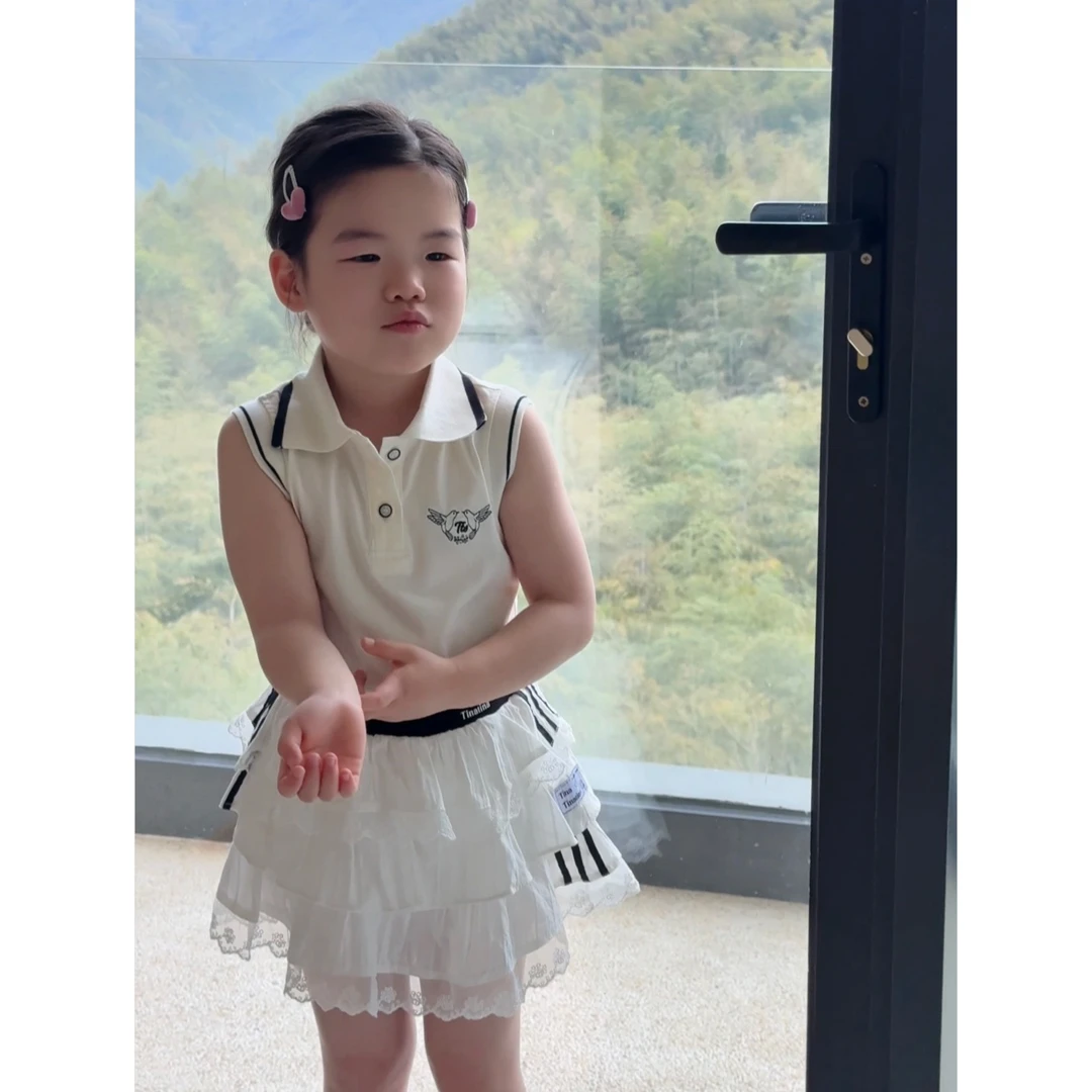 KidsOnTheMoon 无袖polo领上衣 蕾丝蛋糕半裙套装