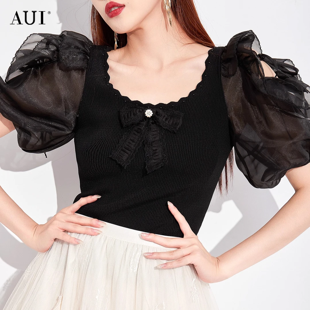 【媛媛女王专享】AUI2024夏新款设计感小众泡泡袖上衣-23X112379