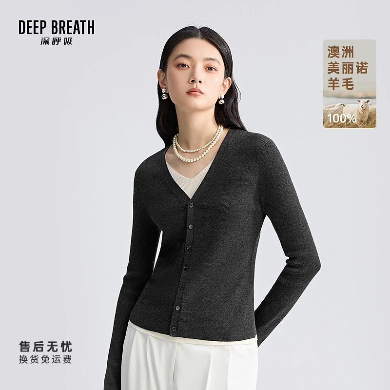 DEEP BREATH深呼吸女装V领假两件拼色纽扣长袖针织上衣A301690