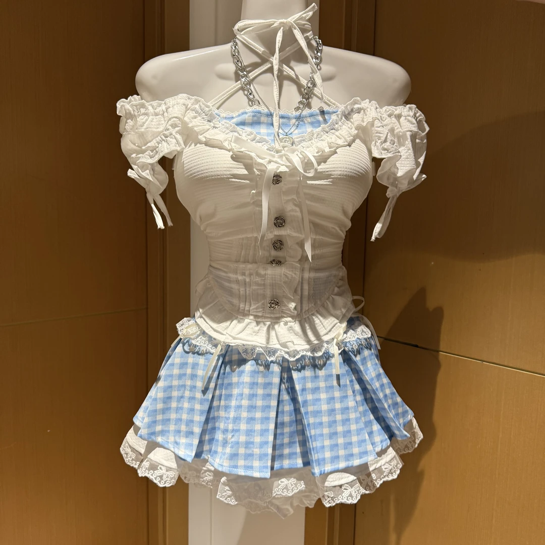 小松奈奈蓝色格纹拼接上衣蓝色格纹短裙夏季款