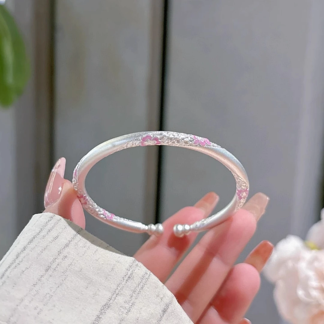 足银手镯 新中式国风足银9999描金繁花葫芦小众轻奢手镯时尚实心