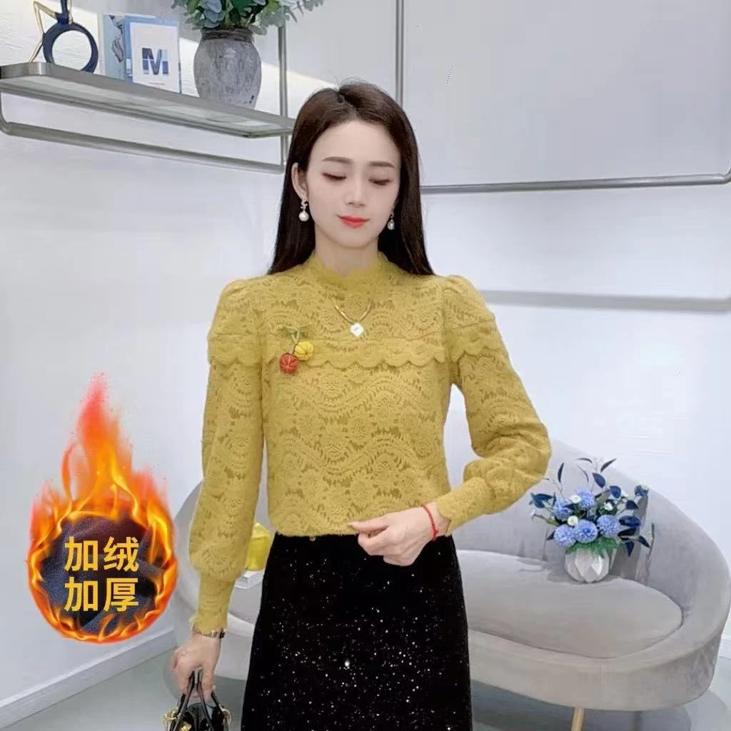 A8987法式气质圆领磨毛蕾丝小衫新款修身显瘦长袖甜美减龄上衣