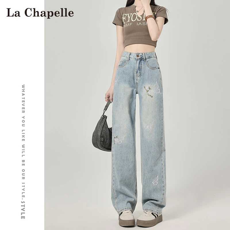 拉夏贝尔蝴蝶刺绣设计感牛仔裤女春秋2025新款高腰显瘦窄版阔腿裤