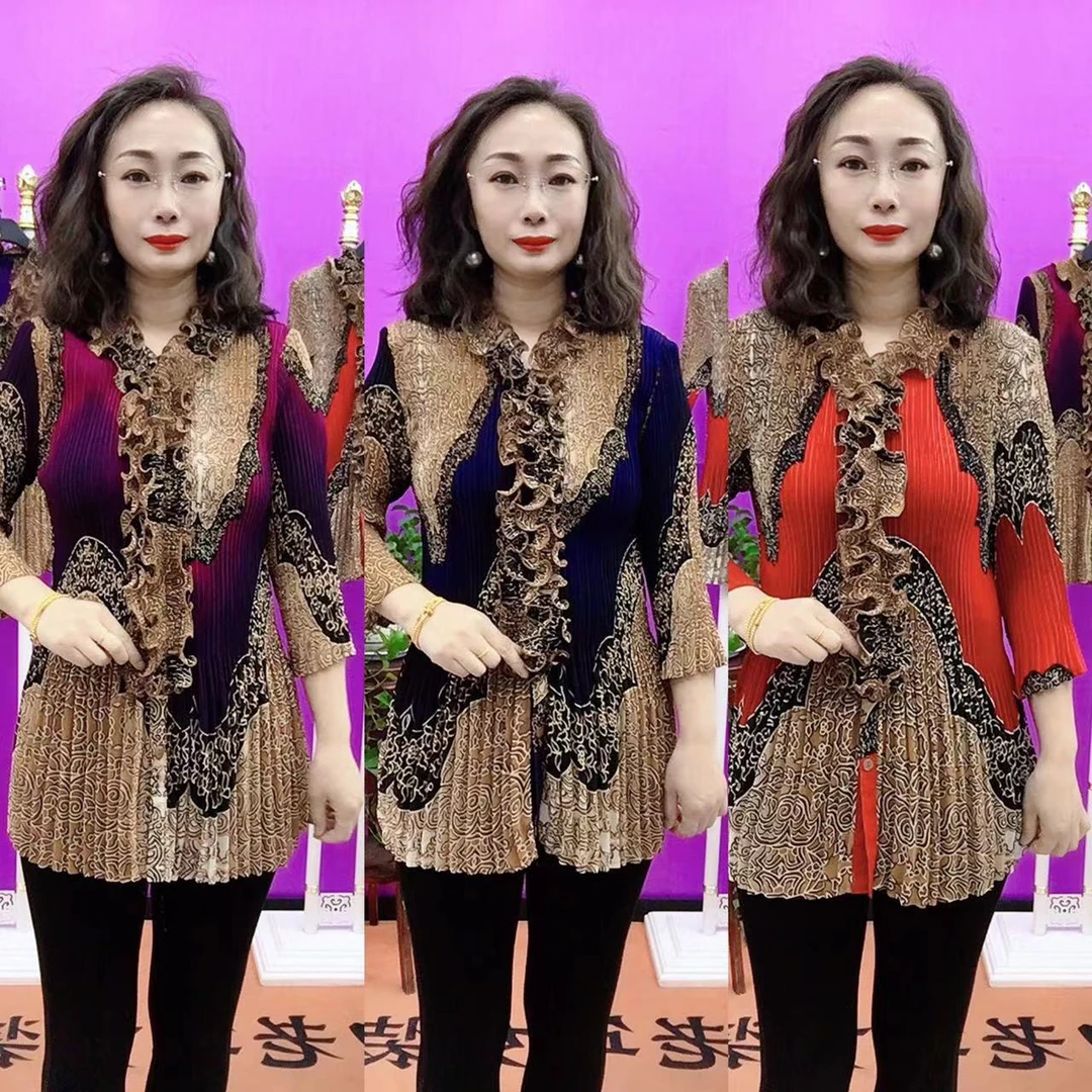 不规则图案木耳花边领分袖褶皱大版衫