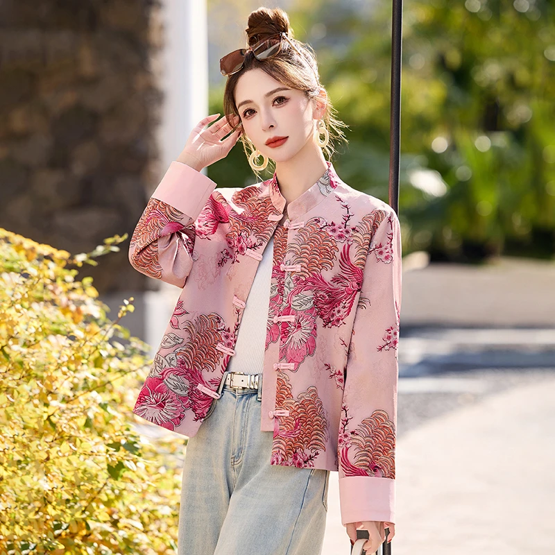 新中式国风印花外套女短款春秋新款时尚气质复古盘扣刺绣唐装上衣