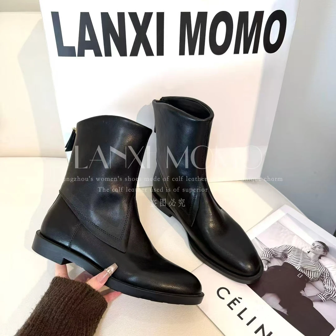 【LANXI  MOMO】百搭黑色真皮粗跟英伦风复古短靴24XZ664LX