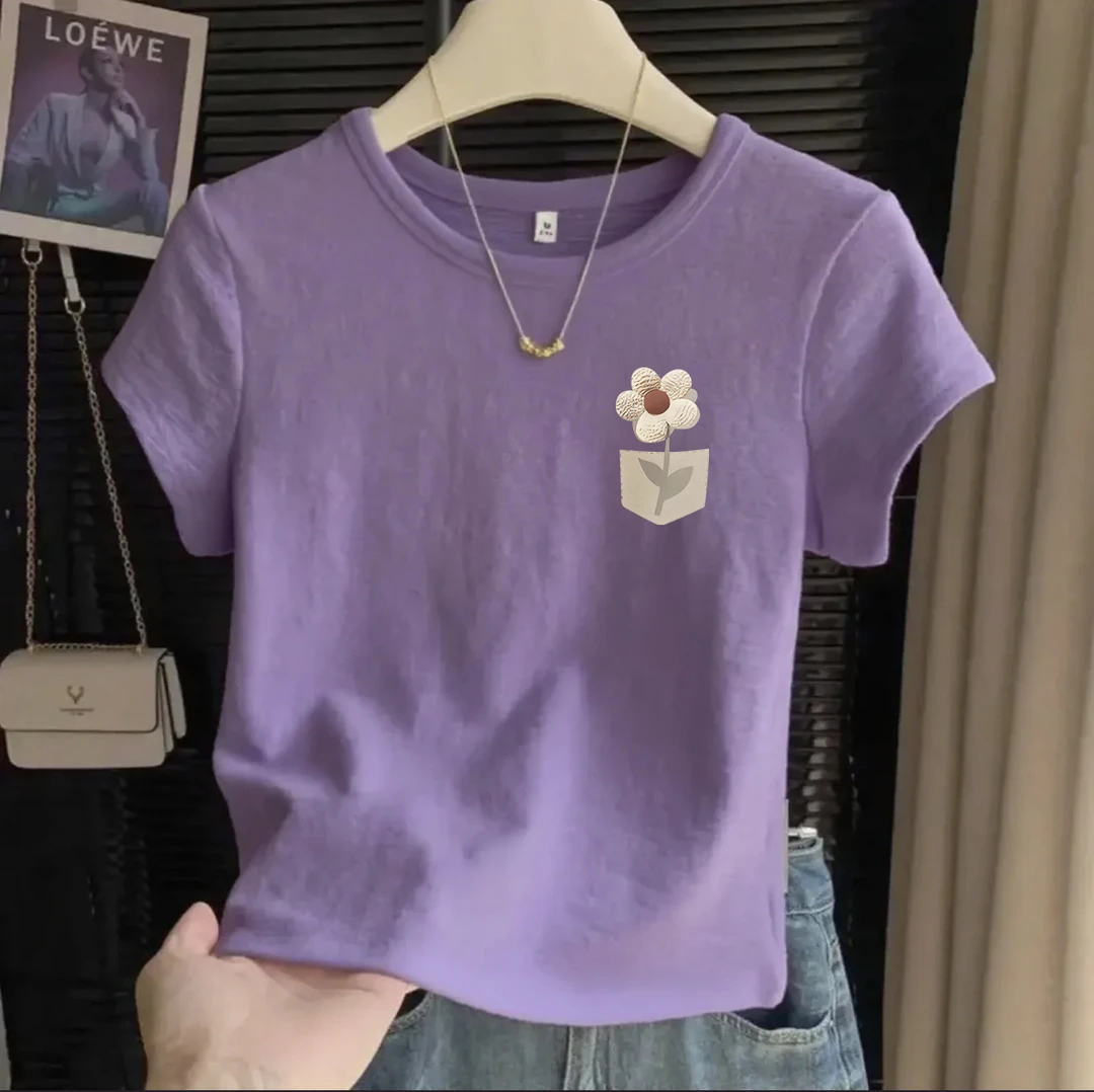 欧货肌理感正肩短袖女打底上衣圆领短款t恤韩系棉纱短款短袖文艺