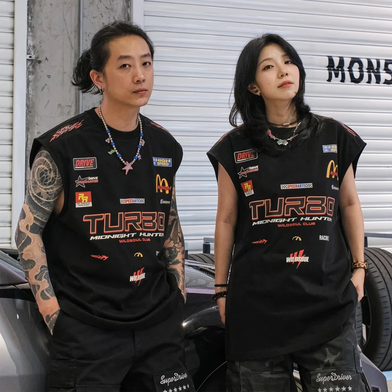 夏季复古潮流字母印花无袖背心赛车新款圆领休闲美式个性宽松上衣