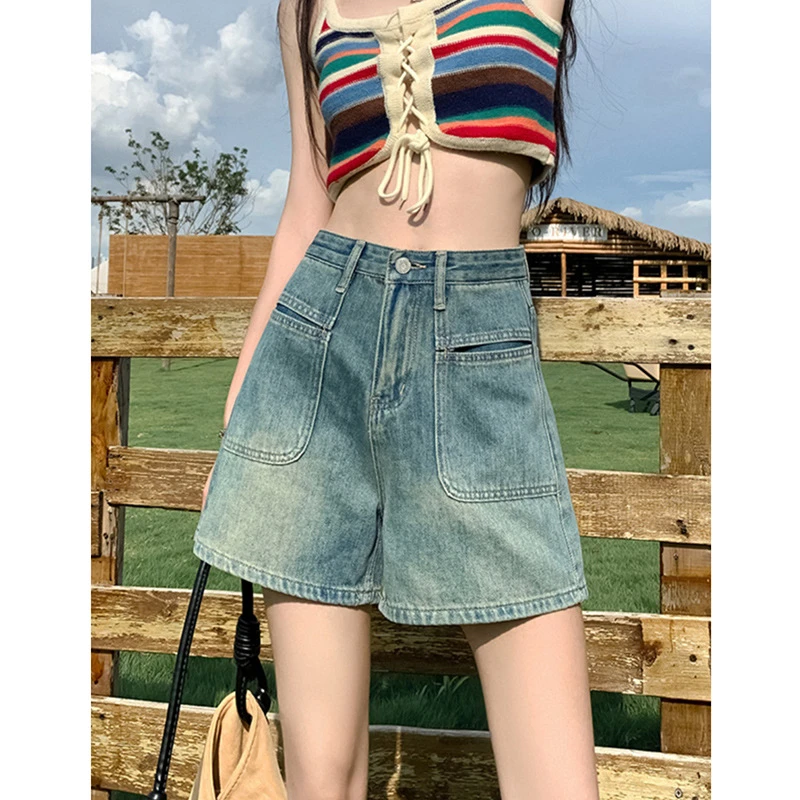 【现货+运费补贴】高腰牛仔短裤女宽松设计感小众复古阔腿a字热裤