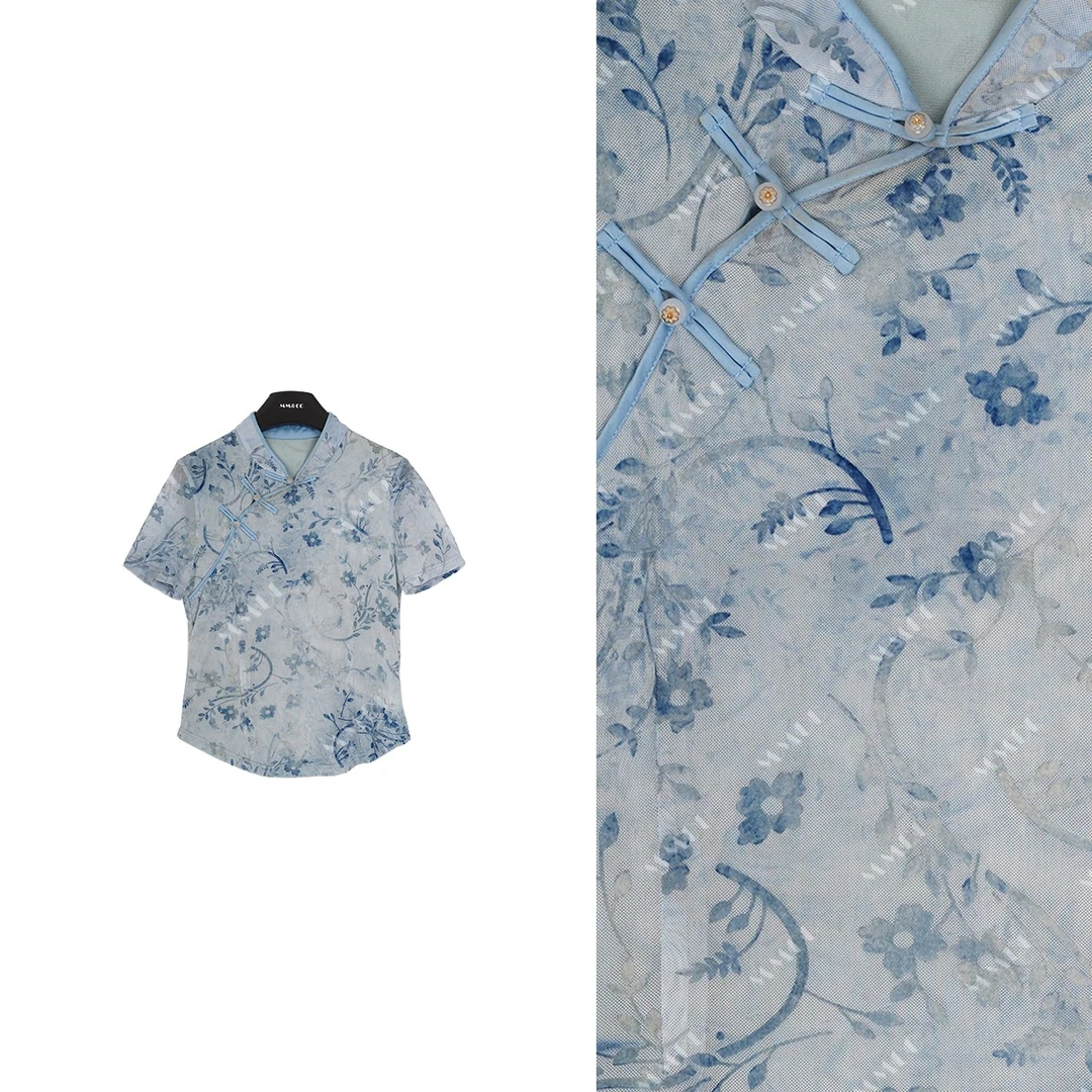 【青花瓷】新中式国风弹力针织时尚减龄夏季淡雅百搭修身上衣G8123