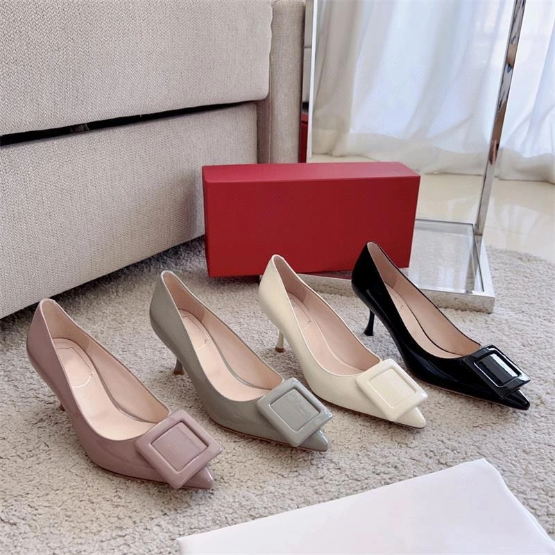 欧美漆皮方扣细跟尖头浅口单鞋秋季新款真皮职业通勤百搭高跟鞋