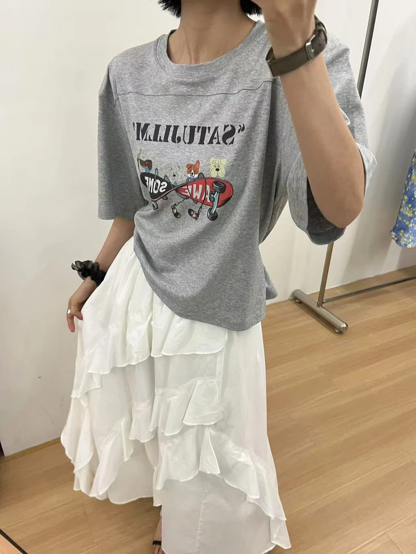 oversize风通勤卡通短袖圆领T恤百褶百搭硬汉风250338有运补6