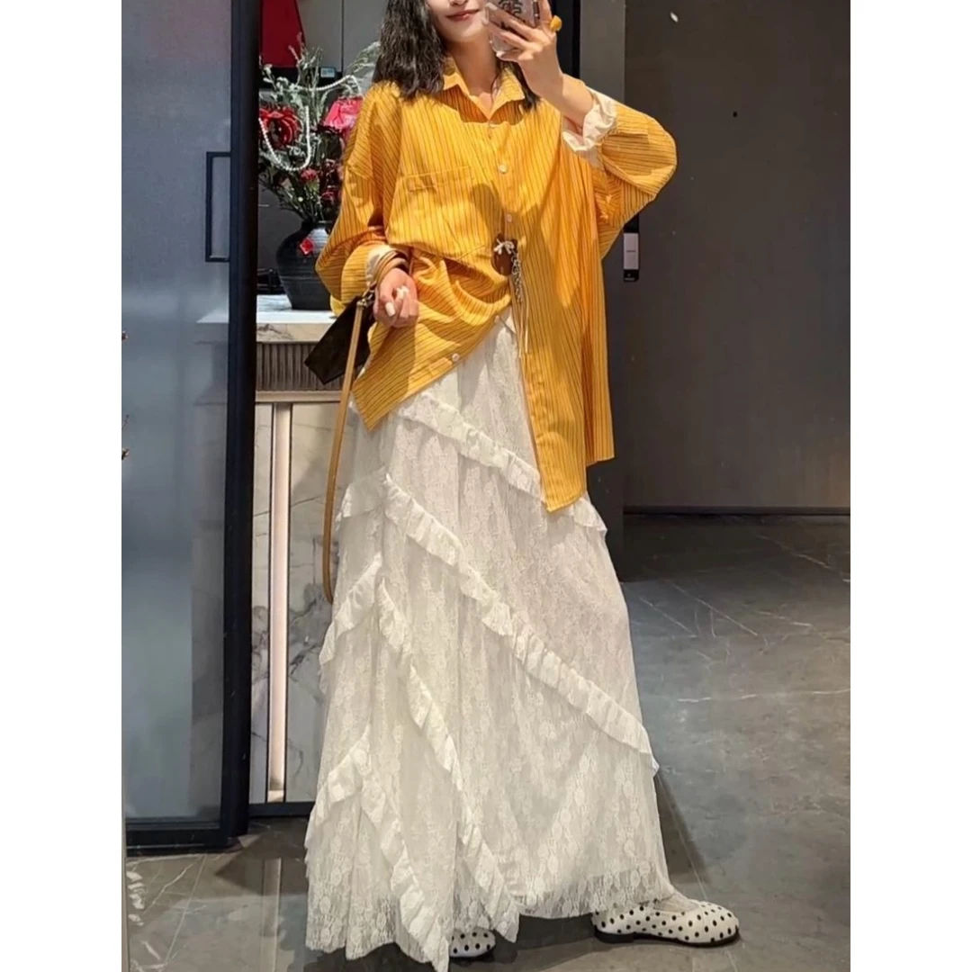 港风2025春季新款百搭高腰显瘦A字裙蕾丝半身裙蛋糕裙网纱拼接潮