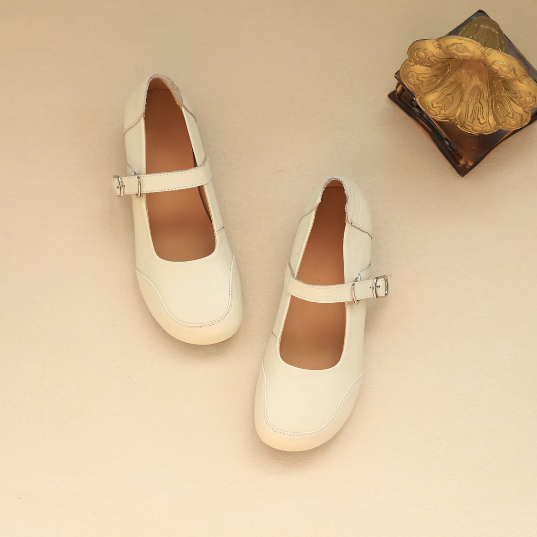 寻程新款真皮玛丽珍女鞋粗跟鞋子女款平底百搭小单鞋皮鞋玛丽珍