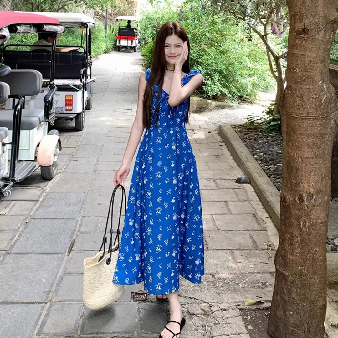 【现货+运补】蓝色碎花连衣裙夏季2025新款海边度假风气质长裙4777