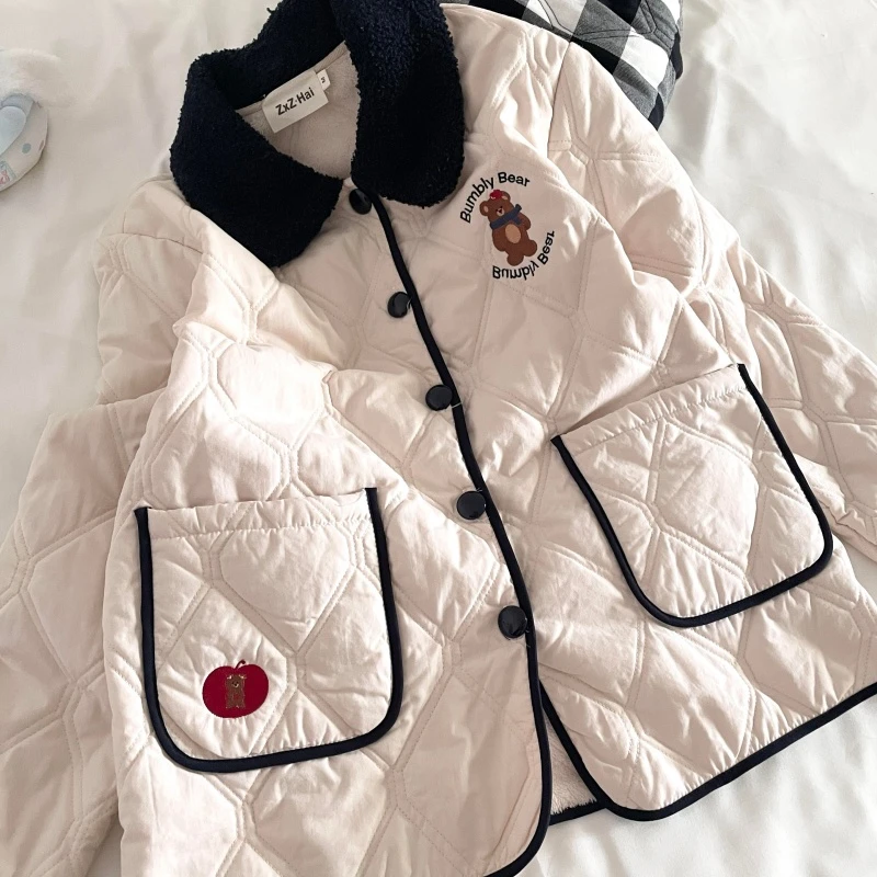 侘町黑白格小熊2025新款保暖三层夹棉秋冬睡衣女可外穿家居服套装