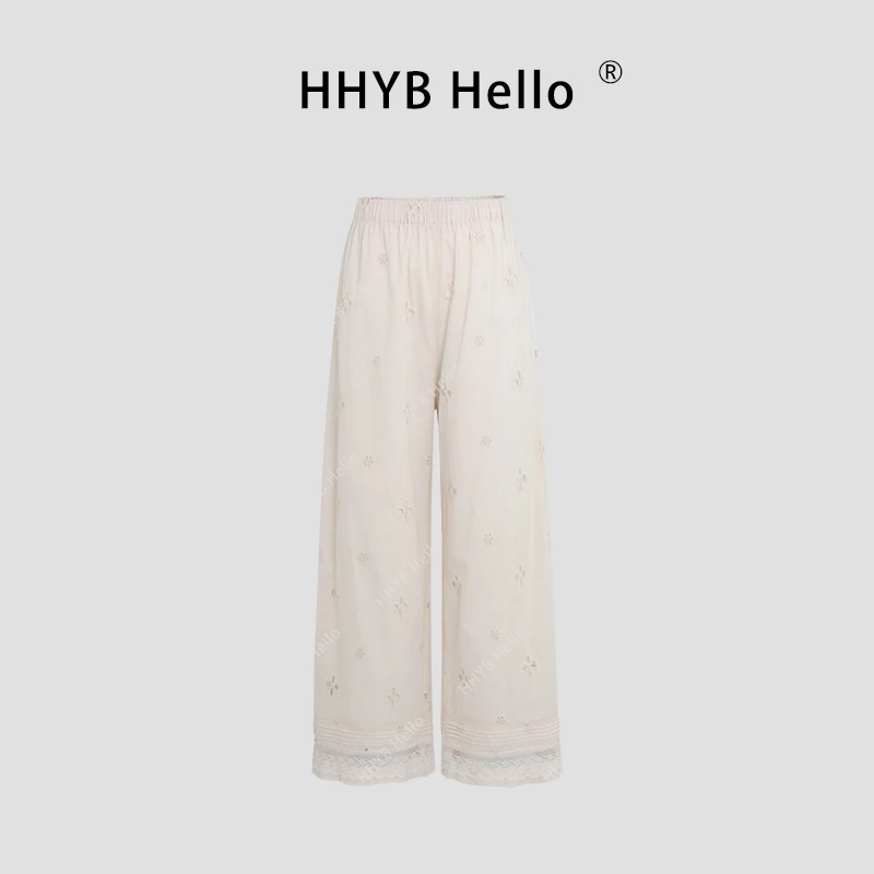 HHYB Hello2025春夏新款宽松蕾丝镂空直筒高腰白色休闲裤Q254016