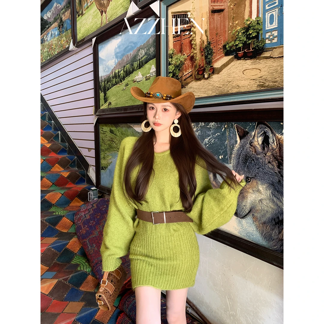 （秋势力周）AZZHEN【秋日香氛】斜肩长袖连衣裙包臀裙AZ4KBL17-00