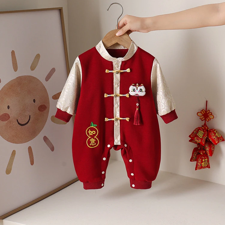 新中式宝宝百天满月周岁礼服秋装2025新款哈衣中国风婴儿连体衣