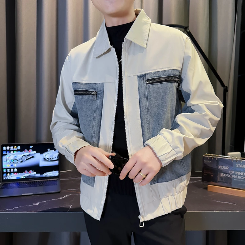 韩版男男士斜纹翻领夹克春季百搭拼接秋季拉链宽松牛仔时尚休闲