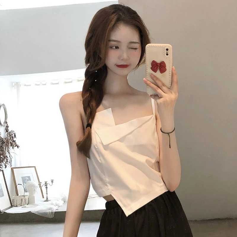 2025新款黑色西装内搭吊带背心不规则无袖短款上衣女夏设计感小众