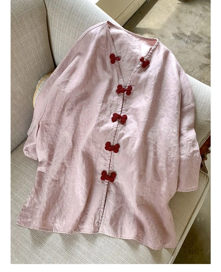 特大码300斤亚麻夏季复古中式撞色盘扣衬衫情侣简约男女高级上衣2