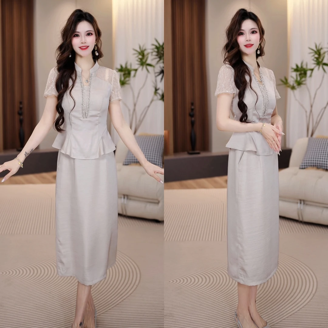 上衣+半身裙 2025夏季气质女士蕾丝镂空时尚修身显瘦套装裙M-4XL