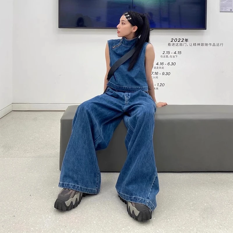 美式蓝色牛仔套装女夏季港味复古时尚辣妹马甲上衣阔腿长裤两件套