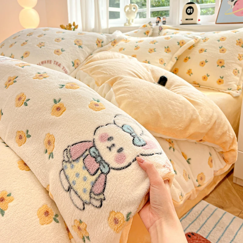 2025新款高克重牛奶绒四件套被套床单加绒加厚保暖家用宿舍格子