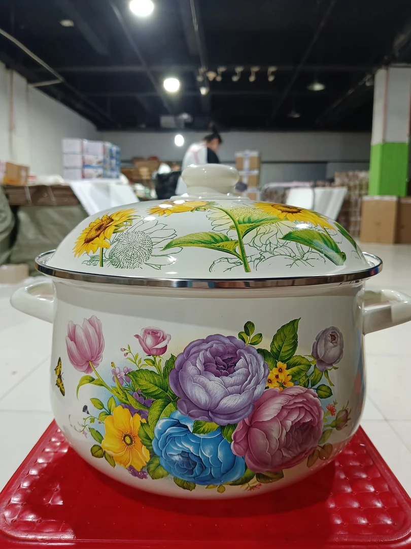 24口径搪瓷鼓型百花锅搪瓷盖瑕疵处理花色颜色随机发