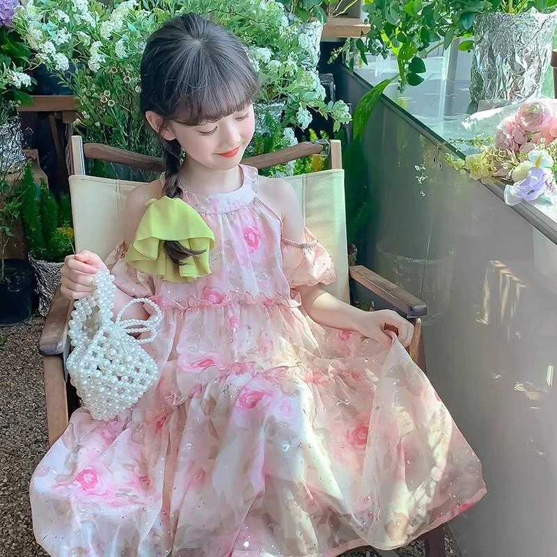 女童连衣裙夏季2024新款蛋糕裙小女孩露肩粉色甜美公主裙