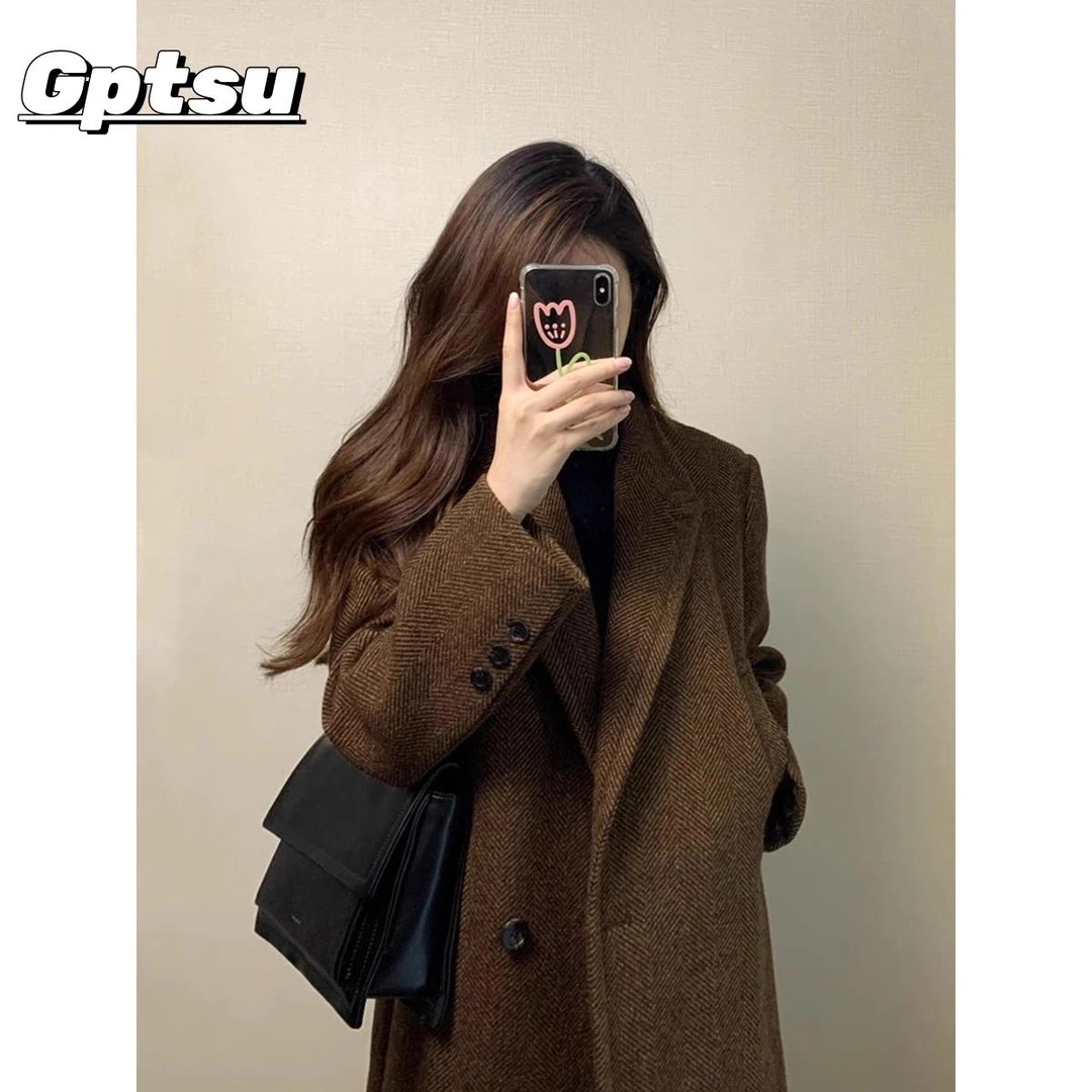 GPTSu格子呢外套女小个子新款秋冬高级感赫本风西装正肩呢子大衣
