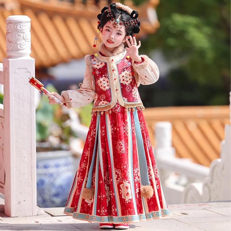 儿童国风马面裙冬季加绒加厚喜庆童装小女孩冬季过年唐装拜年裙子