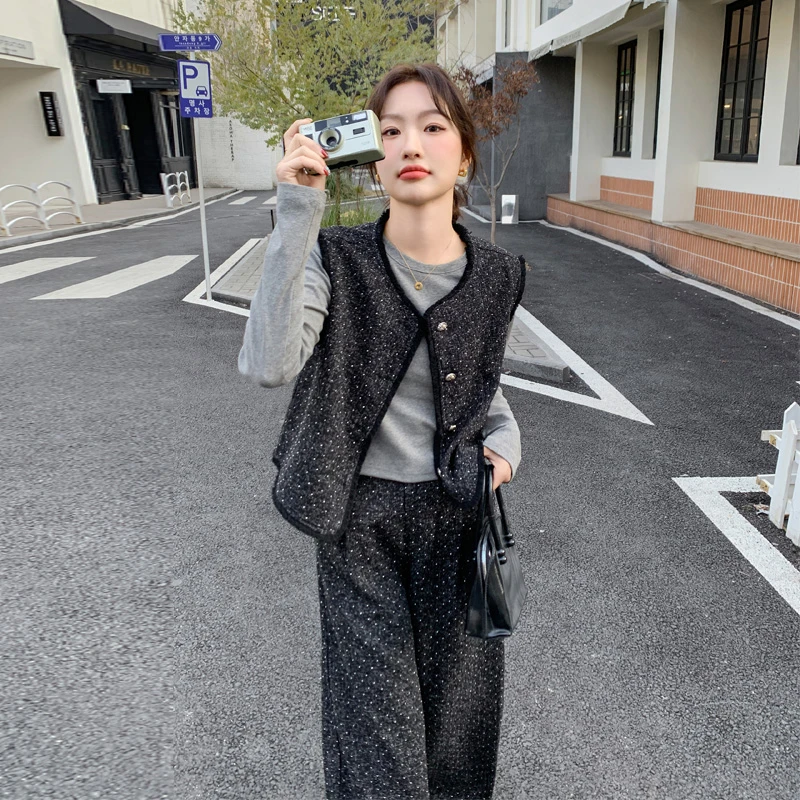 慵懒风韩系穿搭套装裤女2025春秋新款显瘦打底衫马甲阔腿裤三件套