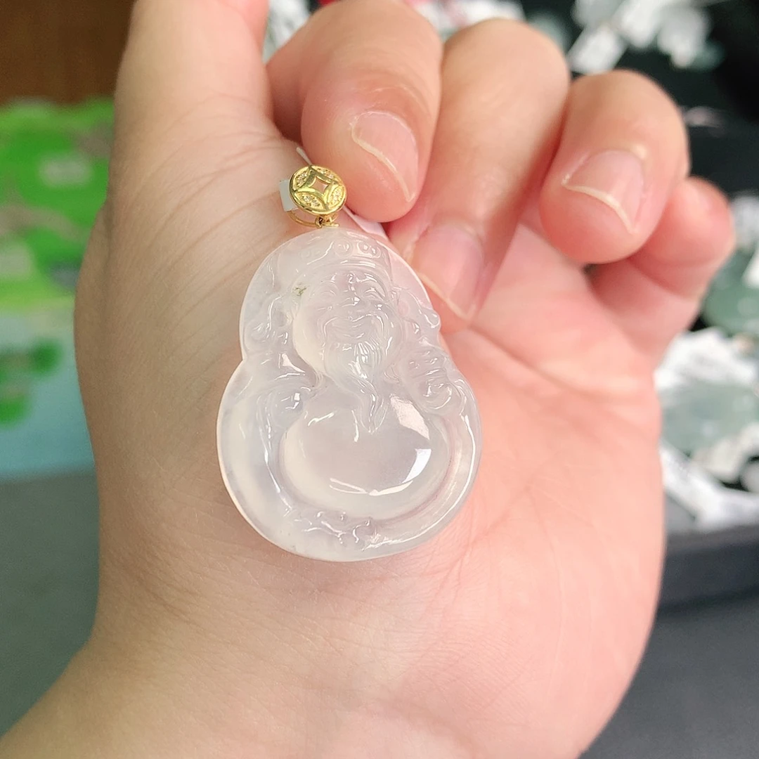 翡翠18K金镶嵌颈饰冰胶财神爷33-27-6