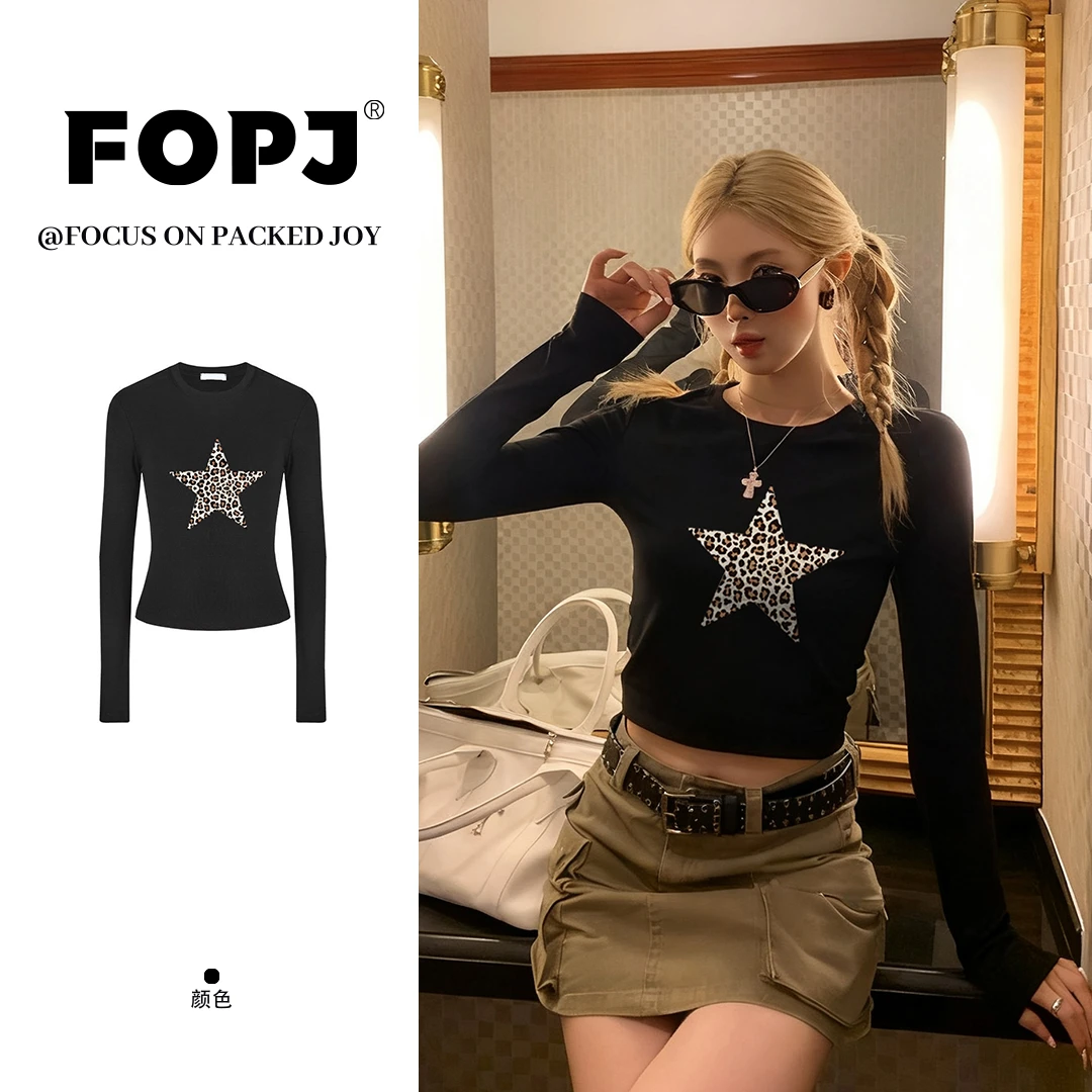 FOPJ美式星星豹纹纯欲风打底衫长袖t恤女设计感修身显瘦辣妹上衣