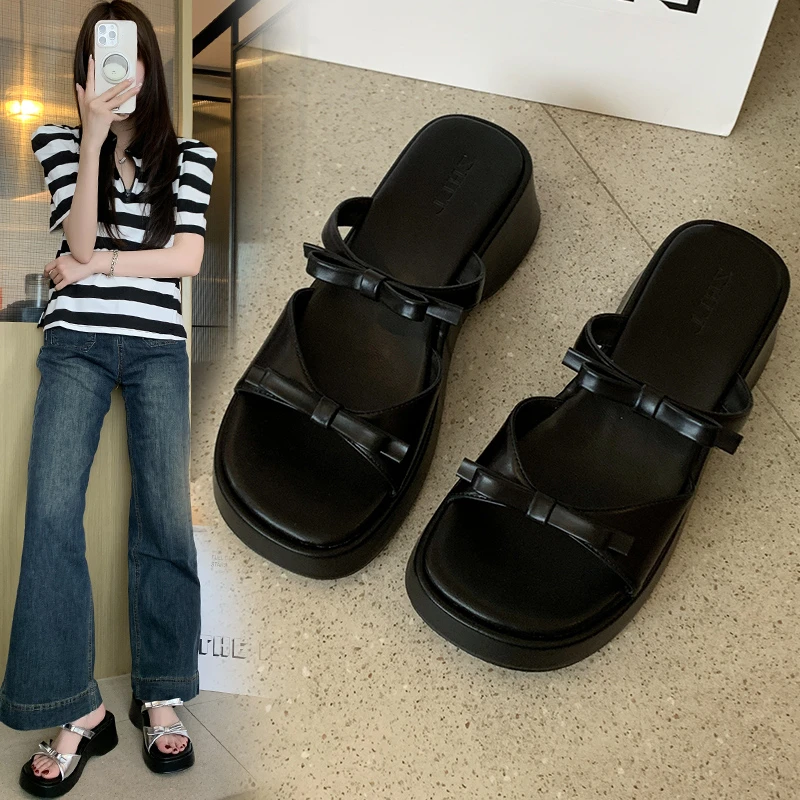 黑/银双色厚底凉拖鞋女夏外穿一字带凉鞋沙滩拖鞋宽脚胖脚大码鞋