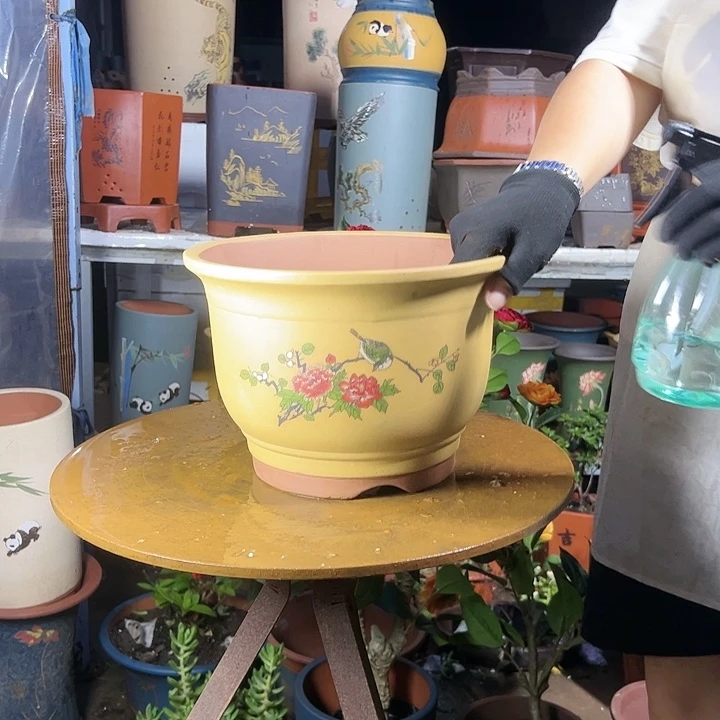 宜兴紫砂花盆黄色鸟语花香大
