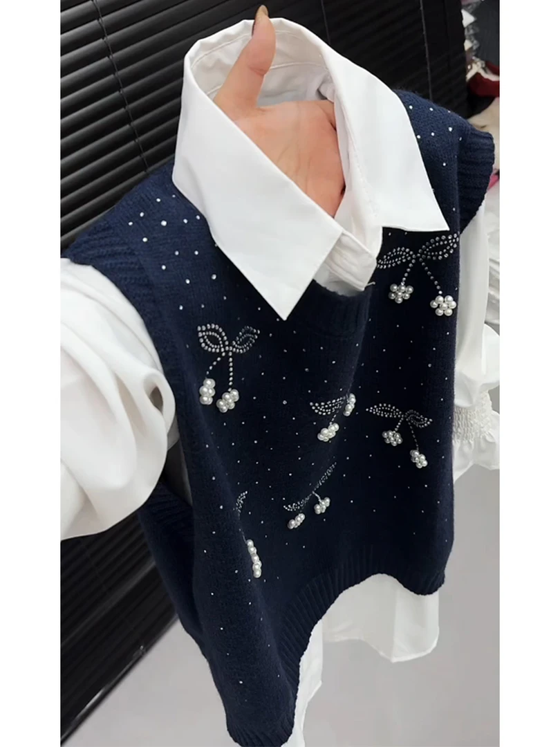 钉珠针织马甲+衬衫两件套2025年秋冬新款气质温柔蓝色毛衣背心女