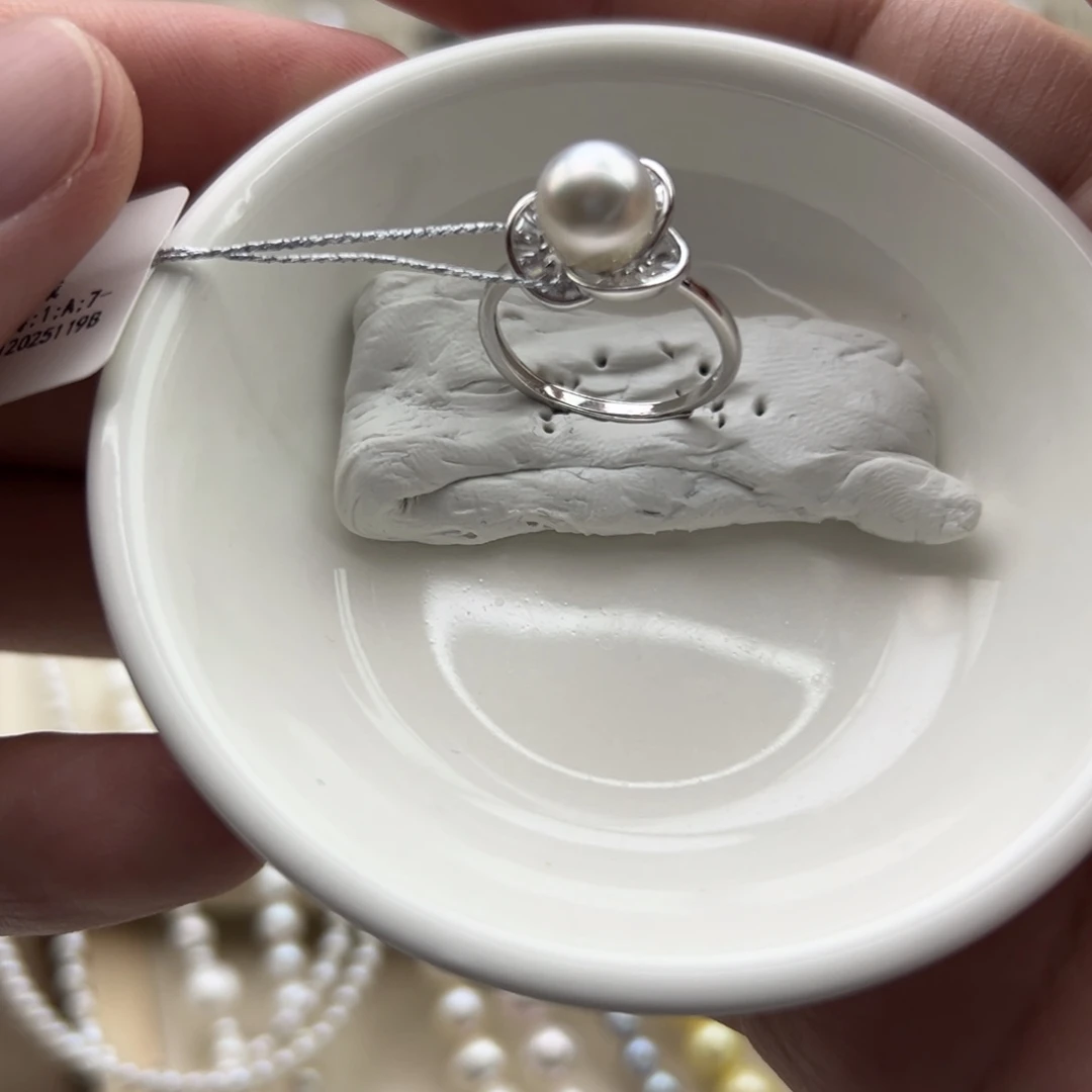 银S925镶嵌戒指海水珍珠8mm正圆海水澳白蓝血戒指