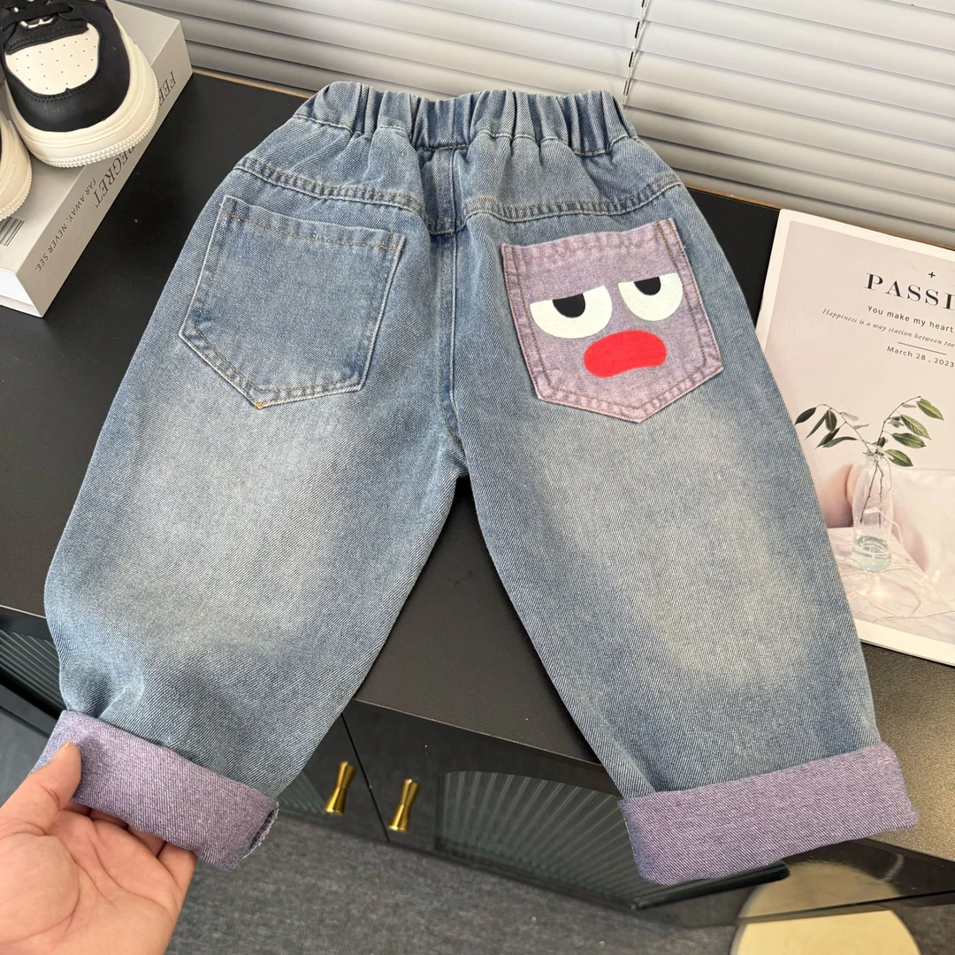 彩色牛仔裤儿童软牛仔炸街破洞裤男童春秋款潮裤男女宝洋气长裤潮
