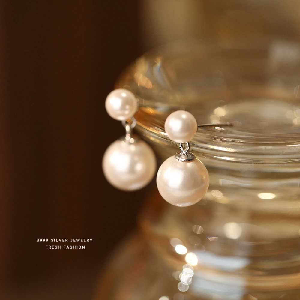 足银耳饰 999足银双珠耳钉女2025新款爆款轻奢气质经典温柔耳饰