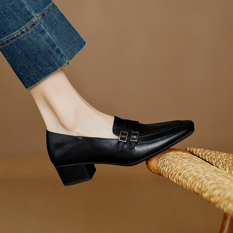 法式复古深口单鞋女英伦风皮带扣方头粗跟中跟小皮鞋乐福鞋一脚蹬