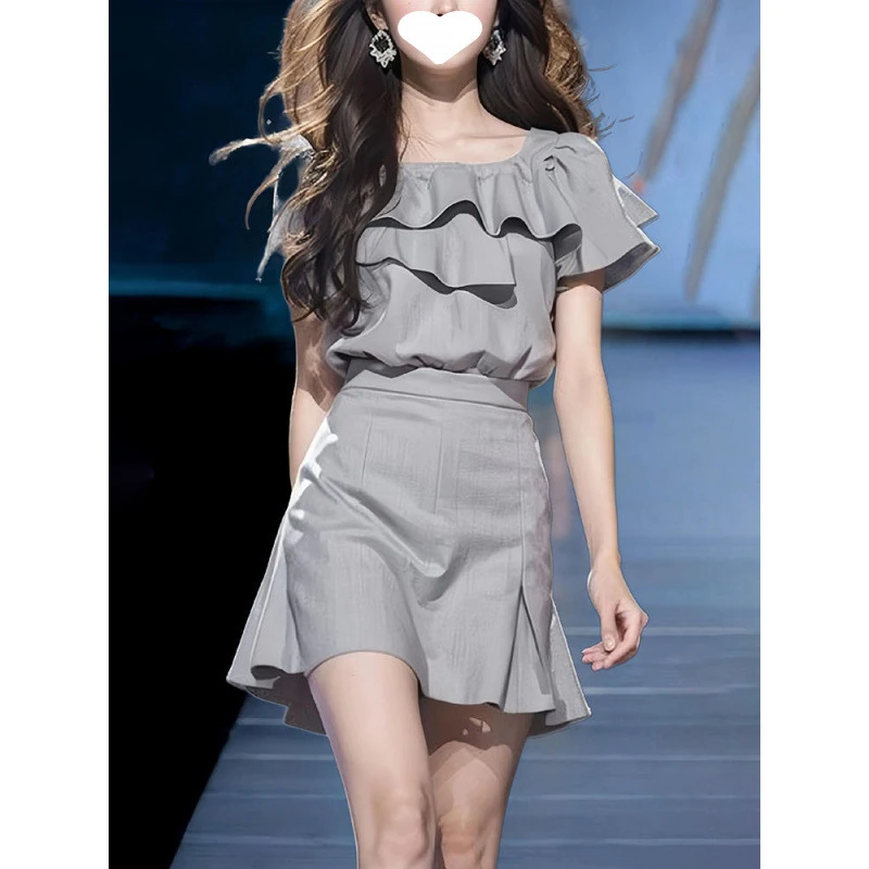 气质小香风套装女2025新款小个子荷叶边衬衫上衣半身短裙子两件套