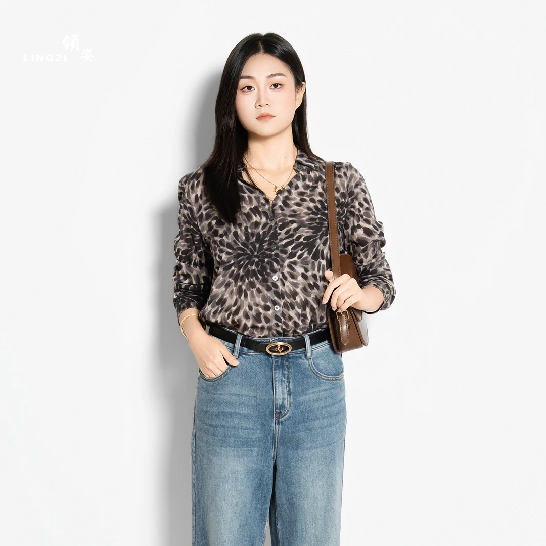 LINGZI/领姿上衣长袖印花百搭印染豹纹秋季复古衬衫3129109