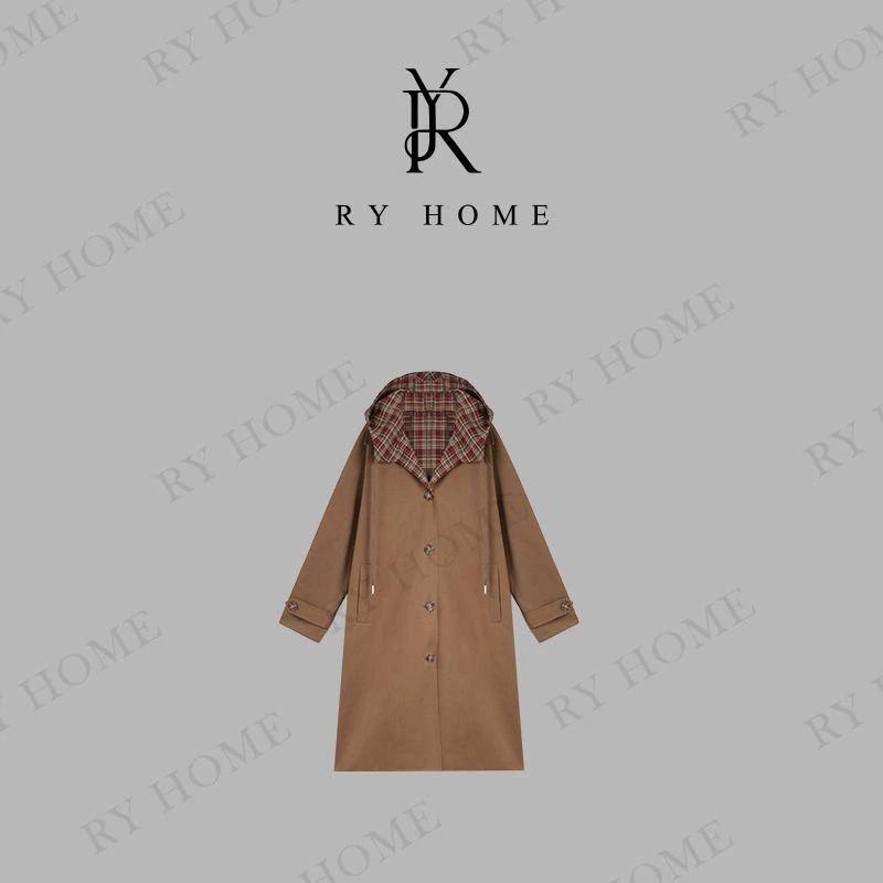 【容雨RYHOME】色织100%棉复古高级格纹拼色连帽外套253W2405